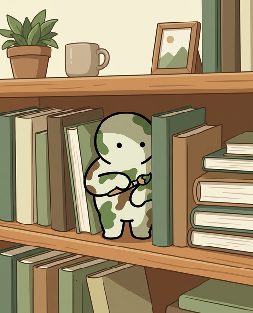 The camo character blended into a bookshelf, almost invisible