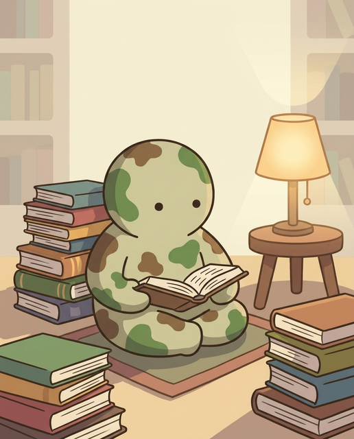 The camo character reading in a cozy library nook